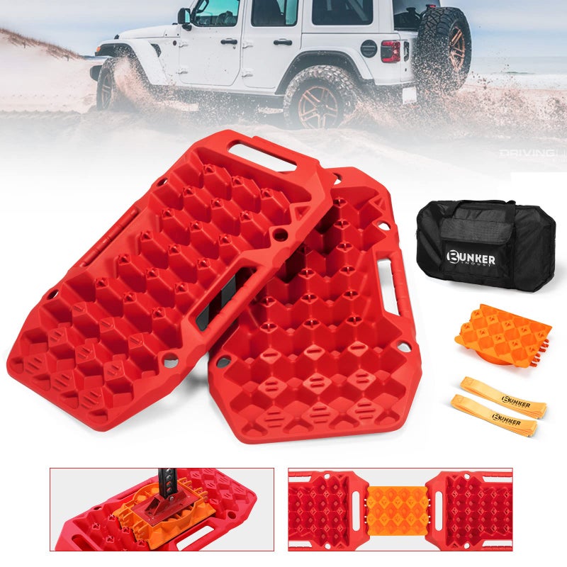 BUNKER INDUST Offroad Traction Boards with Jack BaseMultifunctional Extendable Recovery Track Tire Traction Mat Snow Mud Sand Tracks4X4 ATV UTV SUV Truck Traction Pads with Bag Red Gen 8
